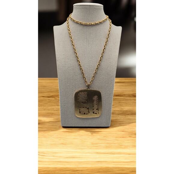 Vintage Retro 80s Gold Tone Abstract Modernist Statement Long Necklace - Picture 2 of 6